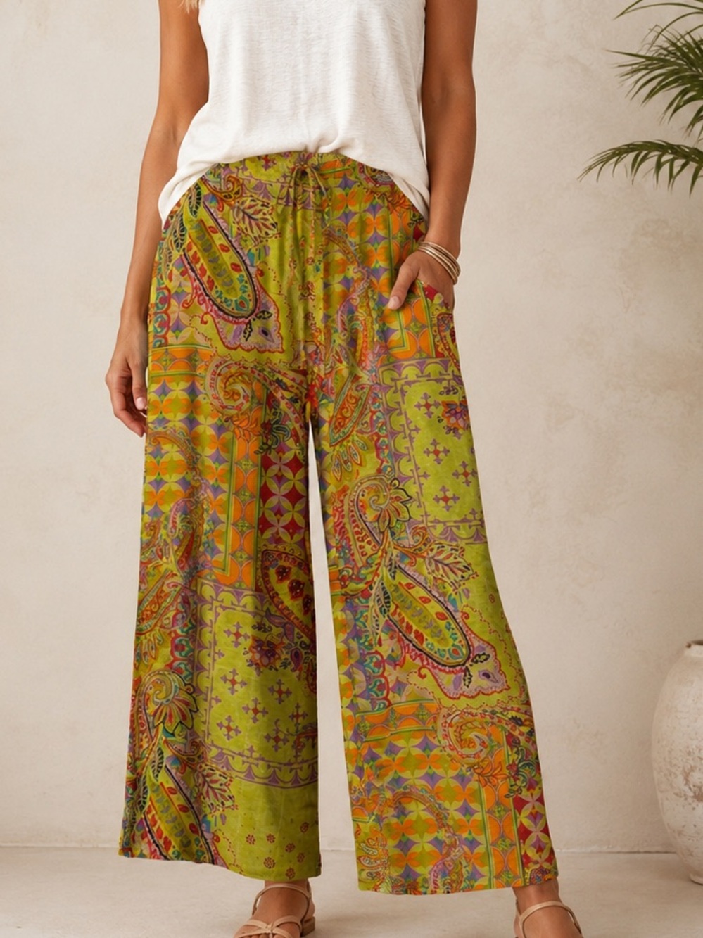 Raj Olive Green Paisley & Geometric Wide-Leg Pull-On Pants